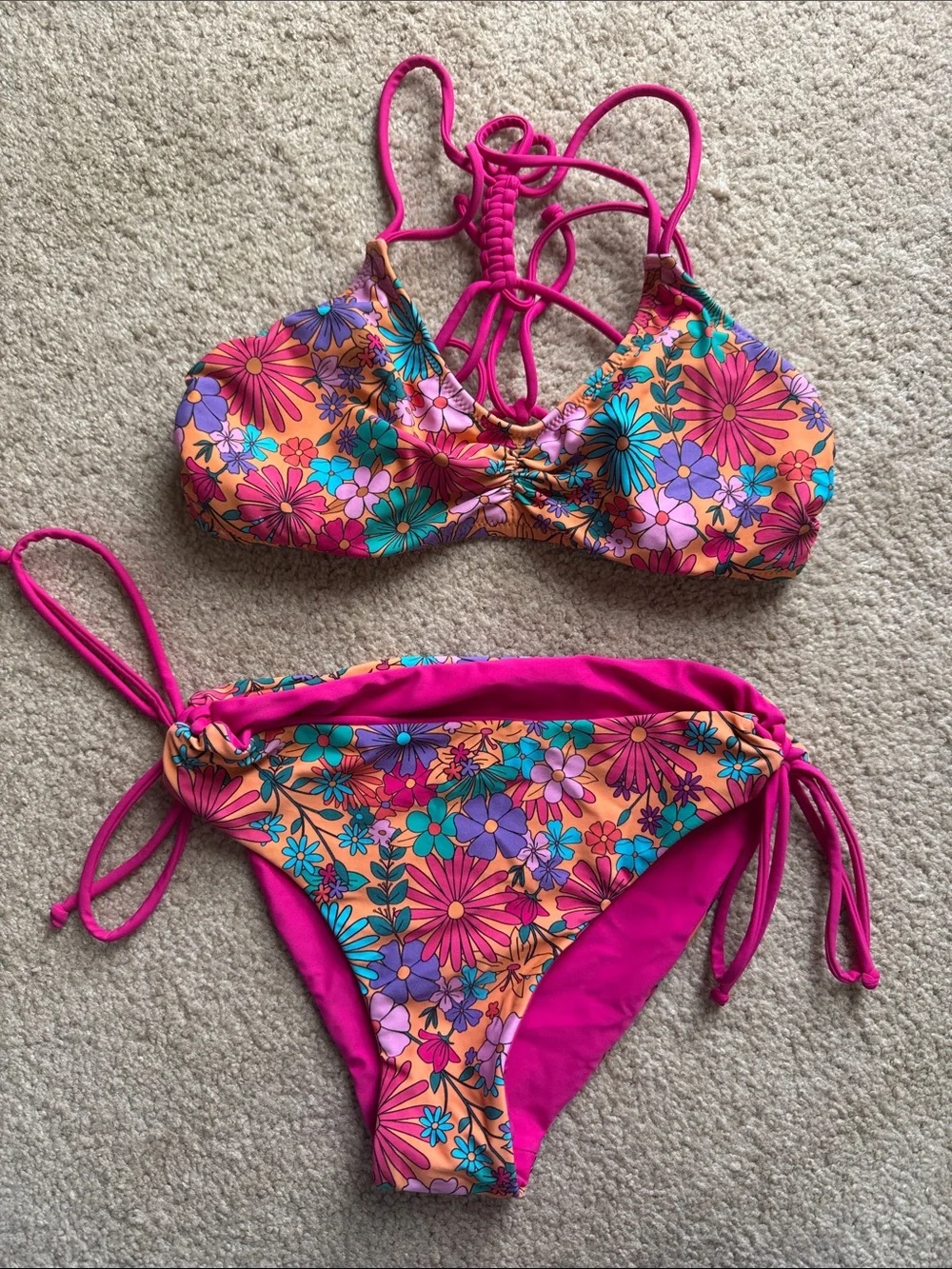 Girls' Floral Pink & Orange Two-Piece Swim Set XL reversible bottoms